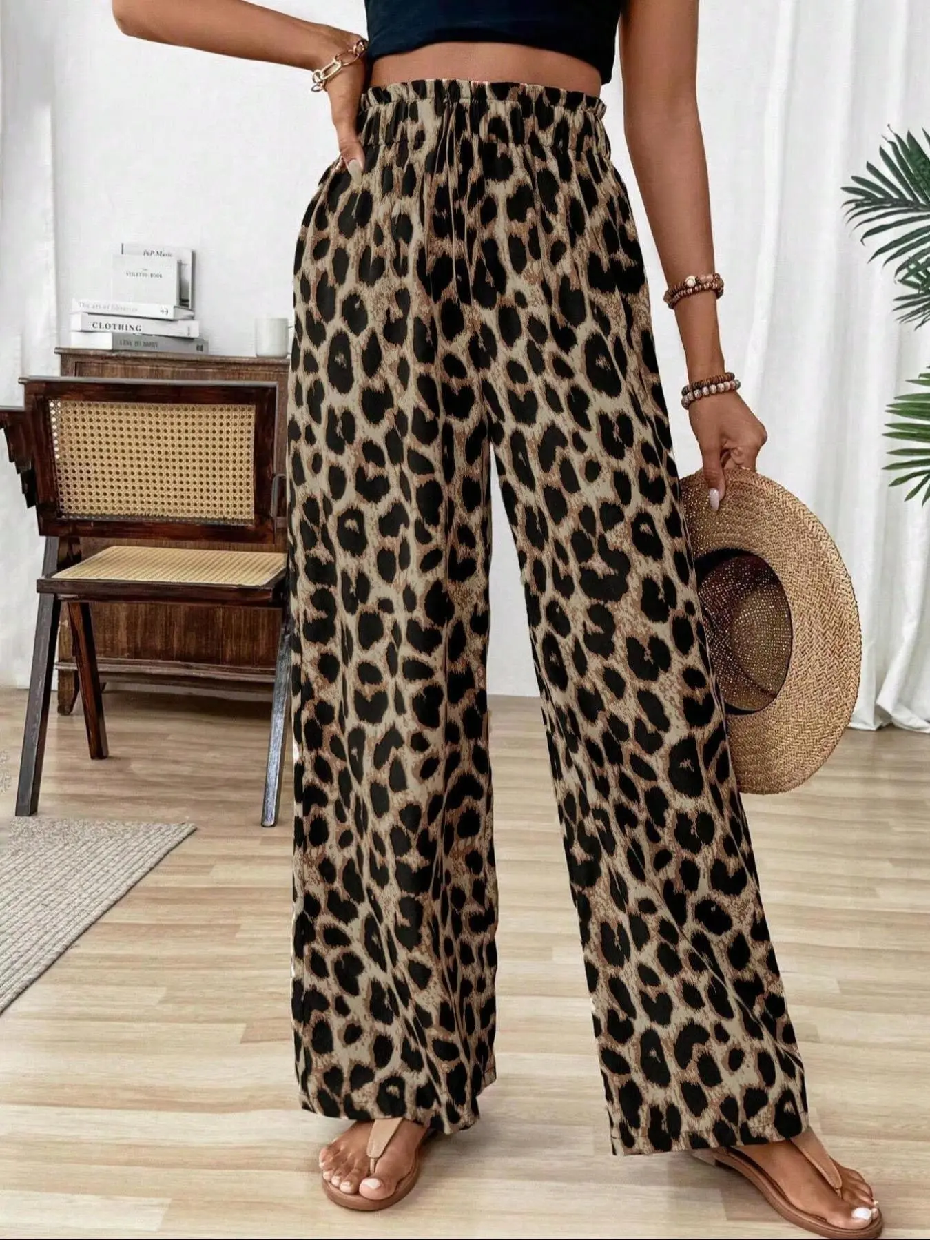Women's Leopard Print Wide Leg Pants, Casual Comfy Trousers for Daily Wear, Ladies Bottoms for All Seasons