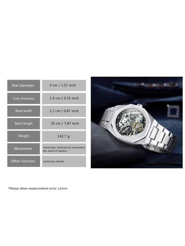 Men's Classic Business Rhinestone Decorated Analog Mechanical Watch, Fashion Watches for Men, Luminous Hands Watch for Party, Daily Clothing Decor, Trendy All-match & Exquisite Watch for Birthday Gift with Box 8