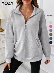 YOZY Women's Plain Half Zip Drop Shoulder Sweatshirt, Casual Long Sleeve Collared Pullover, Women's Clothes for Daily Wear