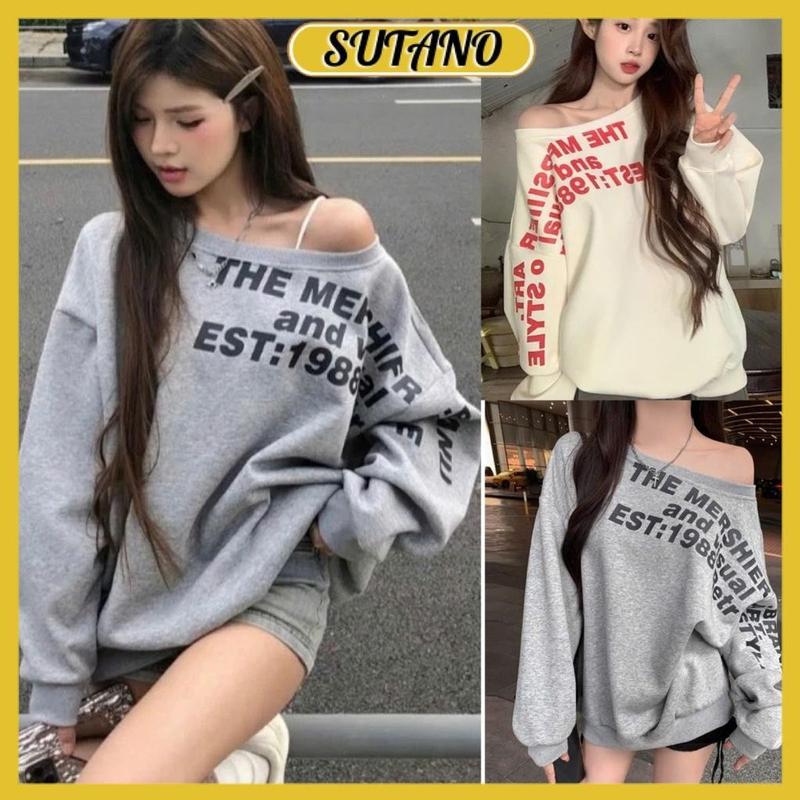 Áo nỉ sweater nữ trễ vai in chữ áo hoodie lệch vai dài tay form rộng phong cách Hàn Quốc A195 SUTANO