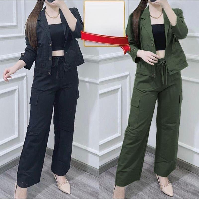 Product Introduction of Carla Set Bahan Linen Rami Outer Celana Cargo Model Ootd Wanita Kasual MC Fashion 19
