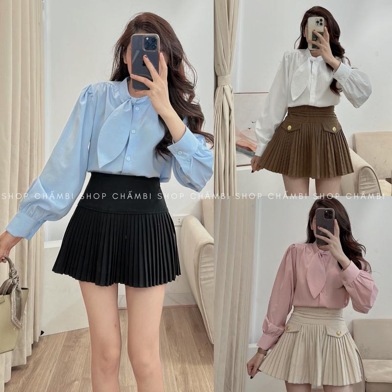 Áo sơ mi nữ dài tay A.573, Áo sơ mi cổ tàu dài tay phối nơ cổ lệch phong cách tiểu thư nhẹ nhàng - Shop Chấm Bi