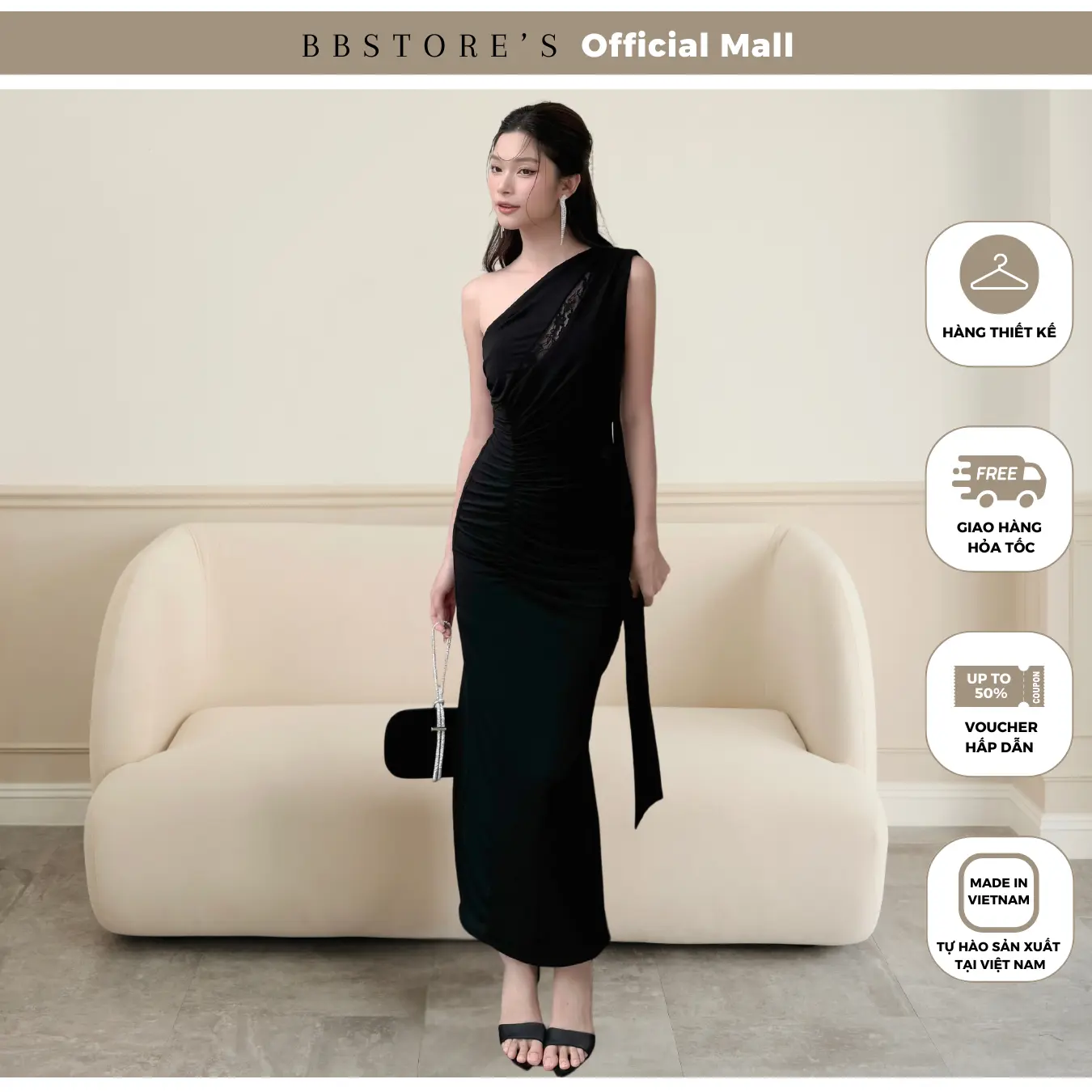 Đầm Body Dự Tiệc Form Dài Lệch Vai Nhún Eo Phối Vạt Chất Thun Rayon BBSTORE'S -D4023B Nữ Women Dress