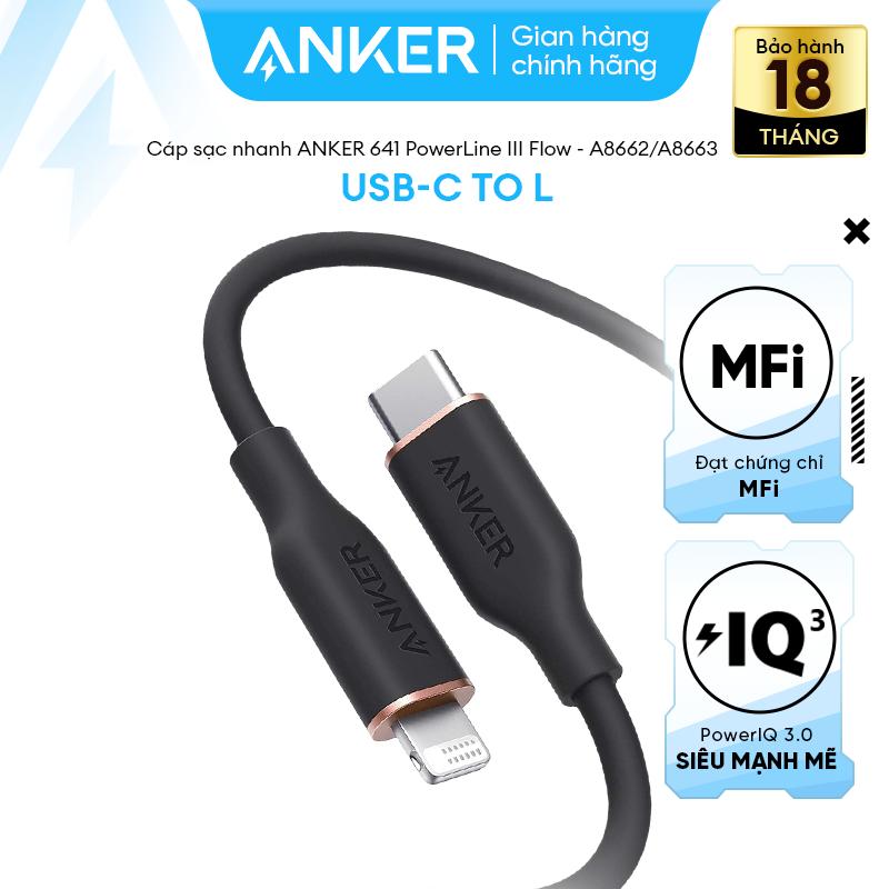 [Cáp CtoL MFi] - Cáp sạc nhanh Anker 641 USB-C to Lightning PowerLine III Flow - Chất liệu Silicone - Đạt chứng nhận MFi - Dành cho iPhone 8 - 14 & iPad chắc chắn bền bỉ sạc nhanh - A8662/3
