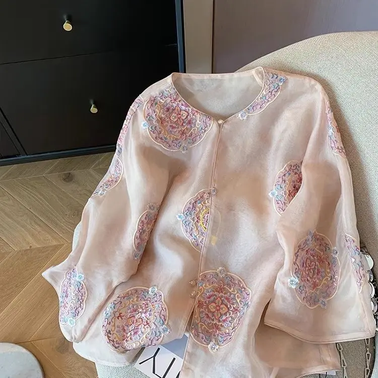 Áo Sơ Mi Mỏng Organza Thêu Phong Cách Trung Quốc Mới Màu Hồng Cornus, Dành Cho Nữ, Mùa Hè 2025, Phong Cách Quốc Gia Độc Đáo Áo Thanh Lịch, Hàng Mới Về Women Shirt Top