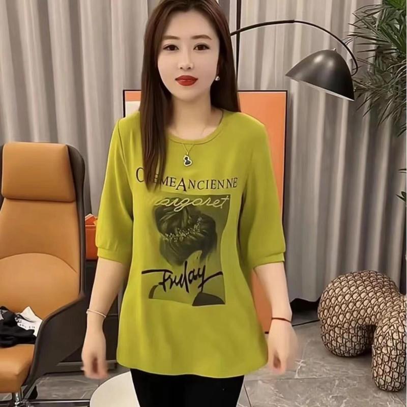 Áo Cánh Cơ Bản, Bộ Sưu Tập Mùa Hè 2024, Hàng Mới Về, Dễ Phối Đồ, In Hình, Tay Lửng Áo, Thích Hợp Cho Bé Gái Mũm Mĩm, Dáng Rộng Rãi, Giấu Bụng, Áo Phông, Váy Của Mẹ Nữ, Trông Awet Trẻ, Áo Sơ Mi Mỏng Women Top Cổ Tròn 5