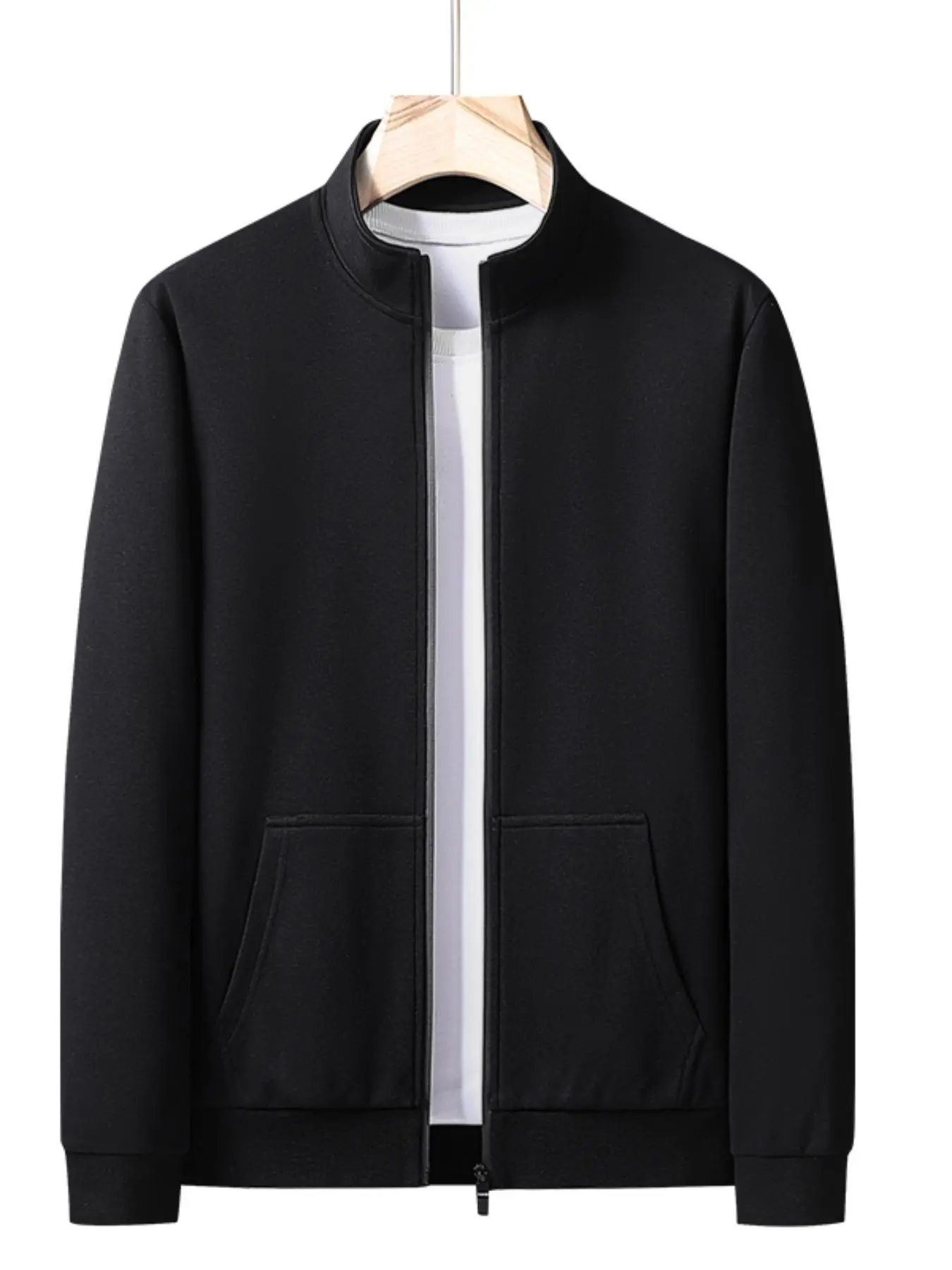 Men's Plain Zipper Jacket Without Top, Long Sleeve Stand Collar Zip Up Jacket Kangaroo Pocket Design, Black Casual Coat Outerwear for Spring & Fall, Men's Clothing