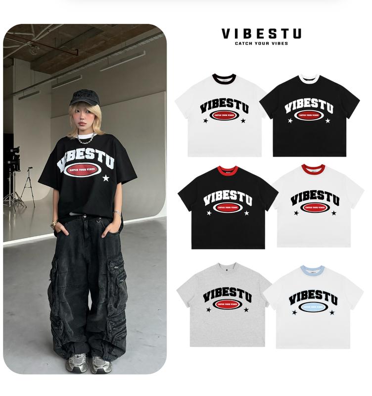 Áo Thun Local Brand VIBESTU " ELIP Catch Your Vibes ", Áo Thun Boxy Phối Cổ  Form Rộng Unisex 250Gsm Cotton