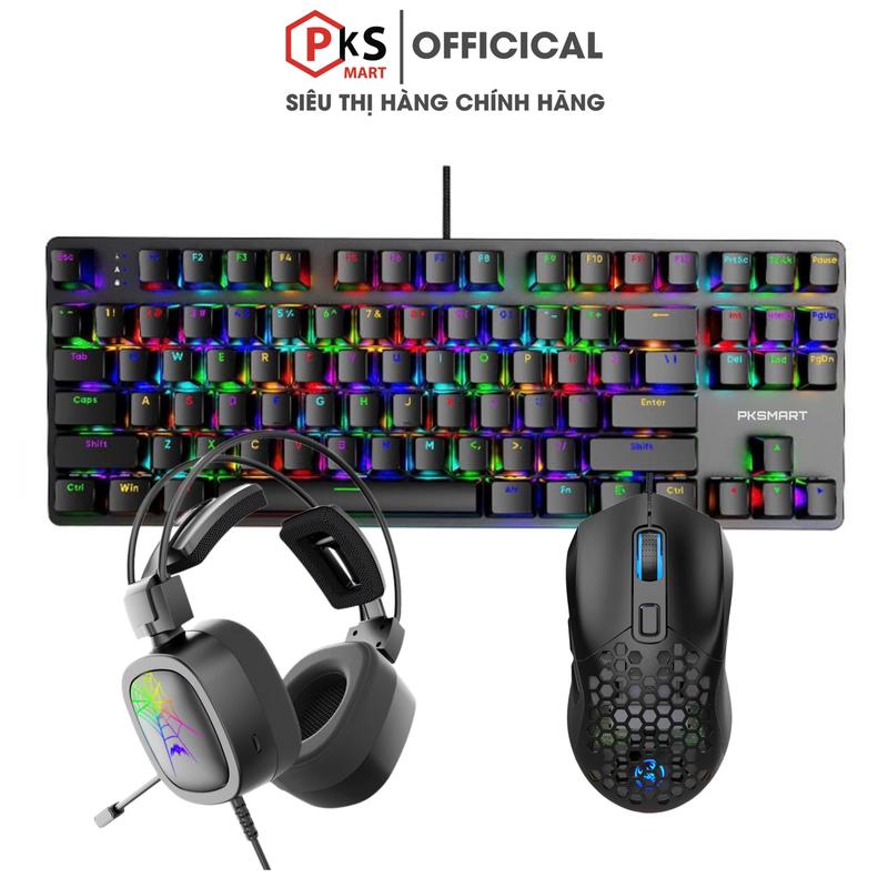 COMBO Bàn Phím Cơ Chuột Tai Nghe Gaming Có Dây - PKSMART K87+X300+TZ2206 - LED RGB Đổi 8 Màu 15 Hiệu Ứng - HOTSWAP - Blue Switch - Anti Ghosting Full Phím