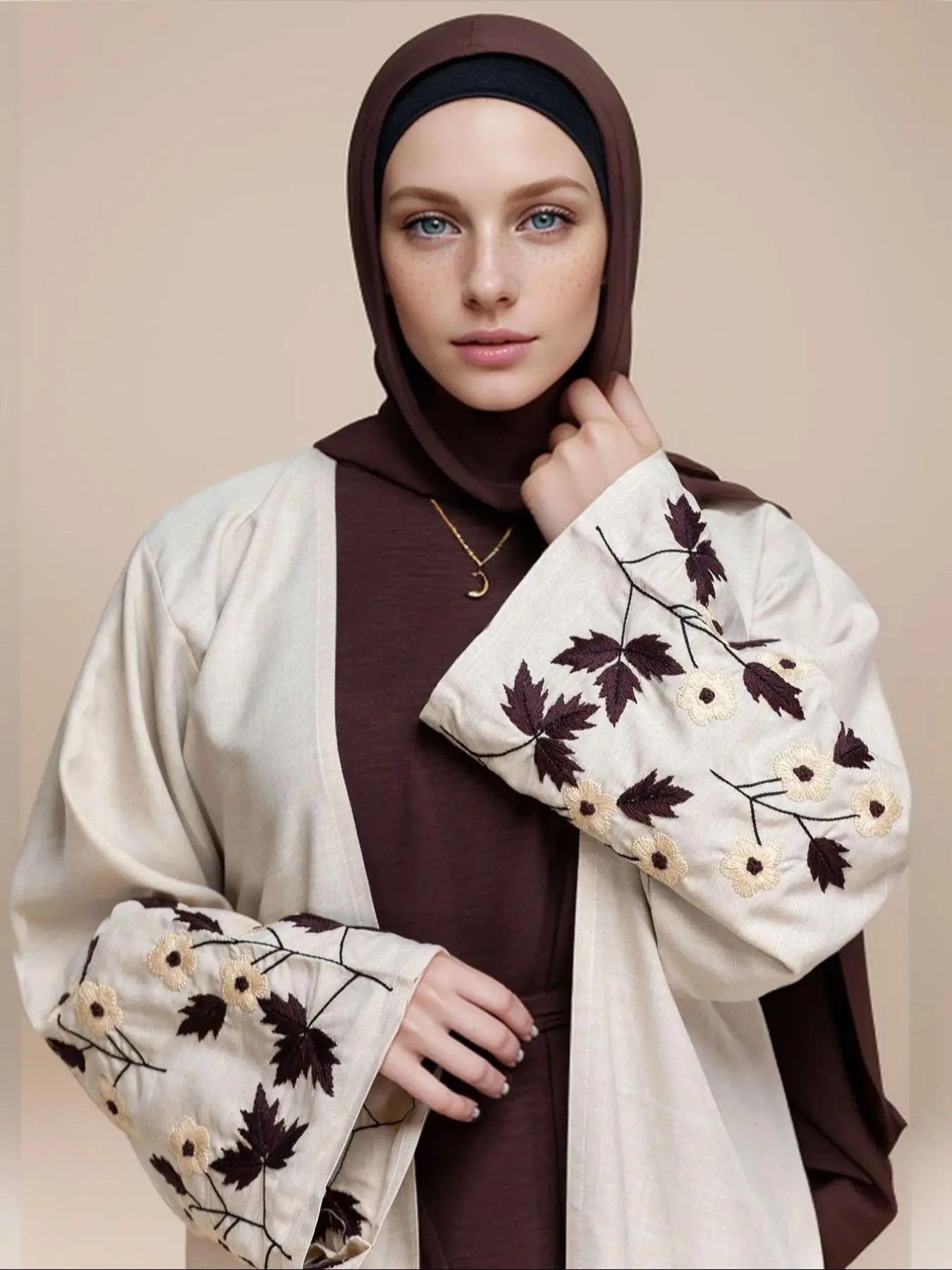 Women's Floral Embroidery Long Sleeve Abaya, Modest Casual Chic Open Front Abaya for Daily Wear, Women's Islamic Muslim Modesty Clothing for All Seasons