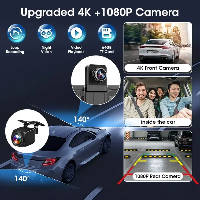 11.26 Inch Wireless Car Play Screen, Car Video Player with 4K 360° Rotatable Dashcam, Car Audio Receiver with BT, AUX, FM, Automotive, Car Camera 5