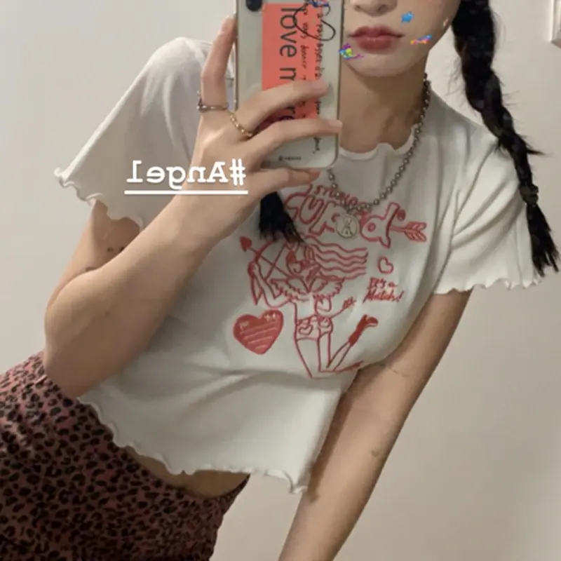 White Short-Sleeved T-shirt for Women 2024 Summer New Korean Style Cropped Cropped Embroidered Top for Students Fashionable Foreign Trade Women's Clothing