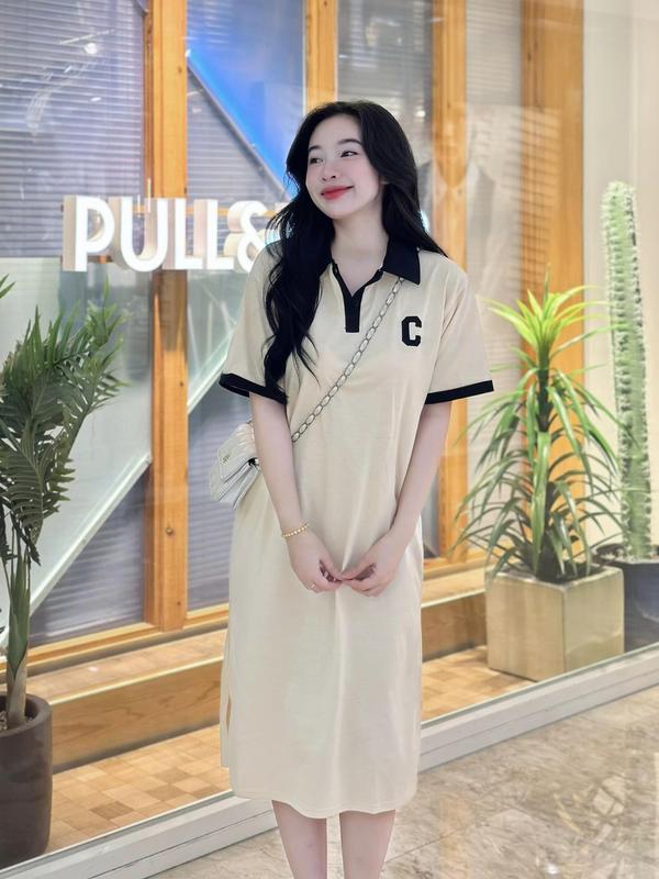 Đầm thun  Dress suông cổ polo thêu C CHIBEST CDD42 Nữ Women Cotton Kem