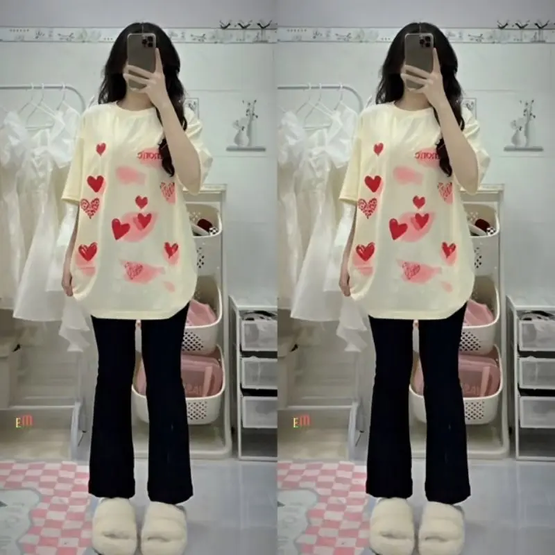 [ rẻ vô địch ] sét bộ quần ống loe chất umi dày dặn + mix áo phông trái tim đỏ SIMON'S Màu Be Nữ Women Top Jacket Nhung Voi