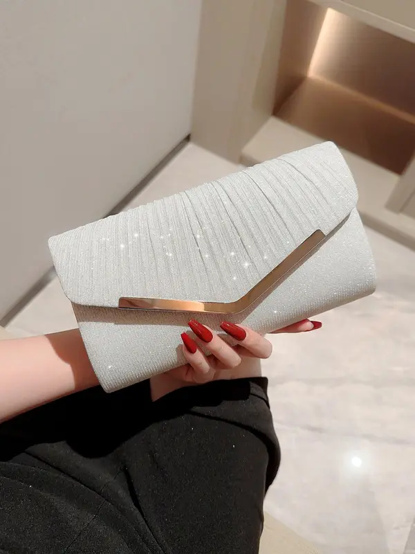 Elegant Solid Color Metal Bar Decor Glittery Flap Clutch With Chain Strap, Women's Evening Bags For Party Wedding 4