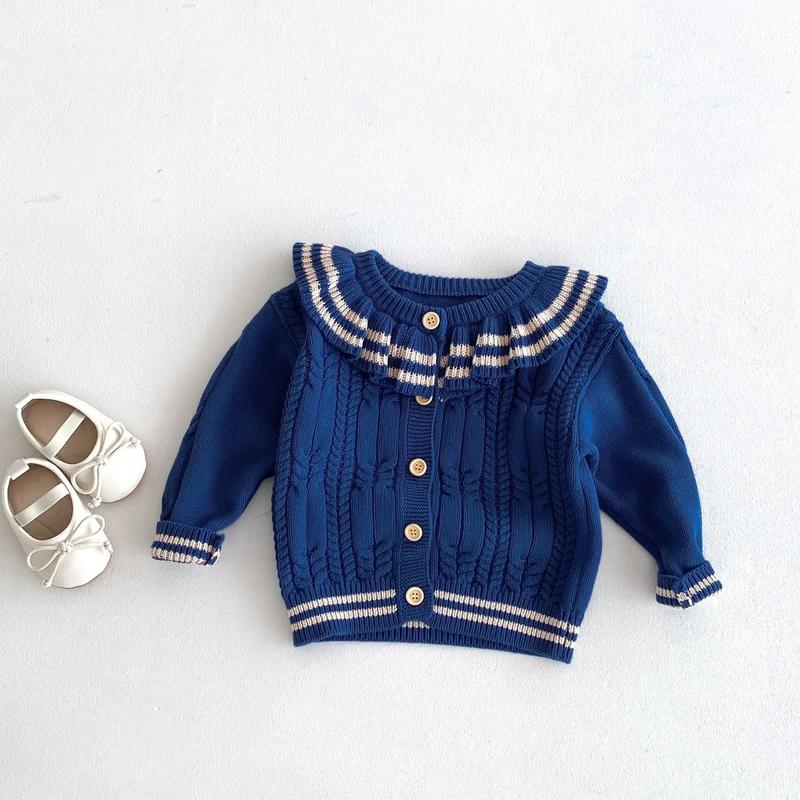 Product Introduction of Ins 2024 Autumn Baby Girls Knit Cardigan Sweater Lotus Collar Ruffle Line Collar Children Winter Solid Thicken Warm Knitwear Top 15