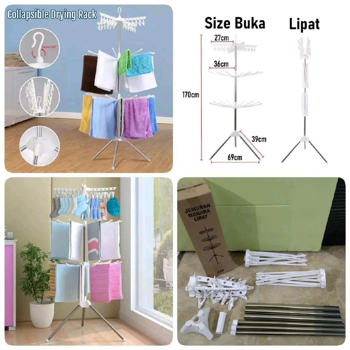 Rak Gantungan Baju Lipat - Jemuran Menara 3 Susun