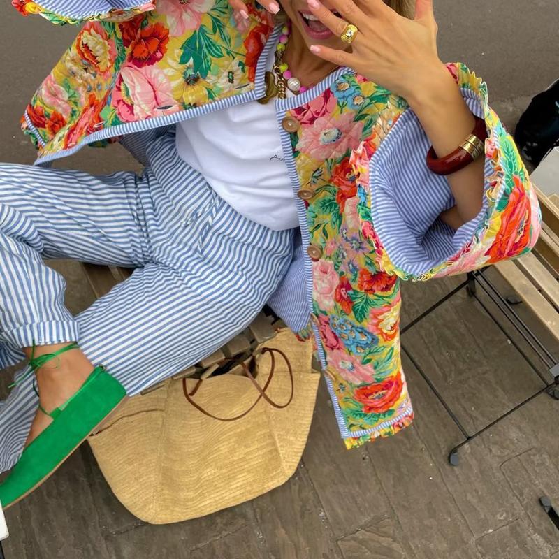 Product Introduction of Women Winter Loose Quilted Jacket Floral Print Button Down Long Sleeve Padded Coat Warm Outwear 28