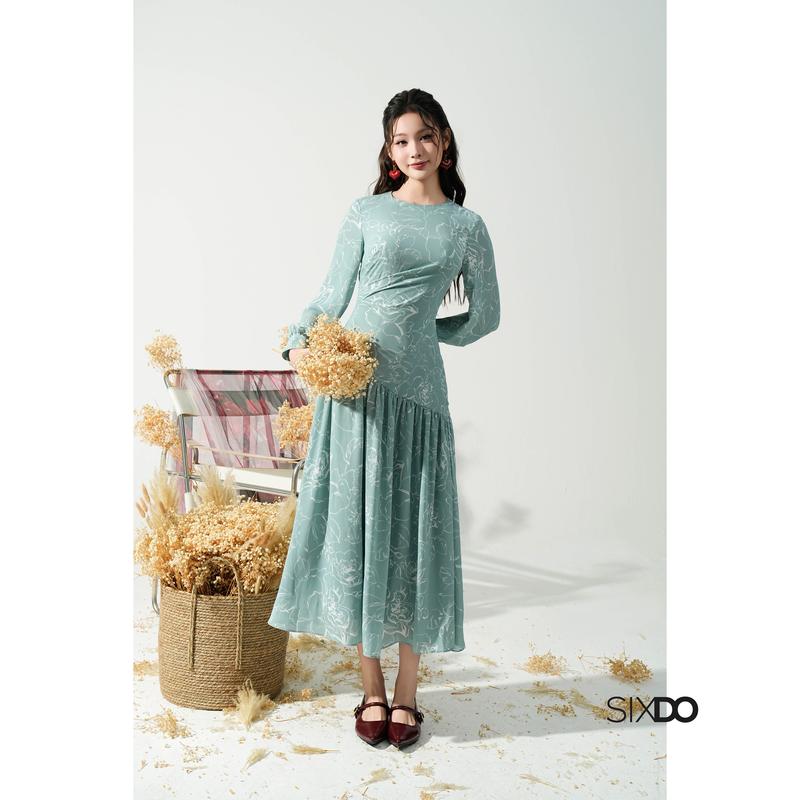 Đầm dài họa tiết cổ tròn dài tay SIXDO (Mint Floral Chiffon Flared Dress) 3