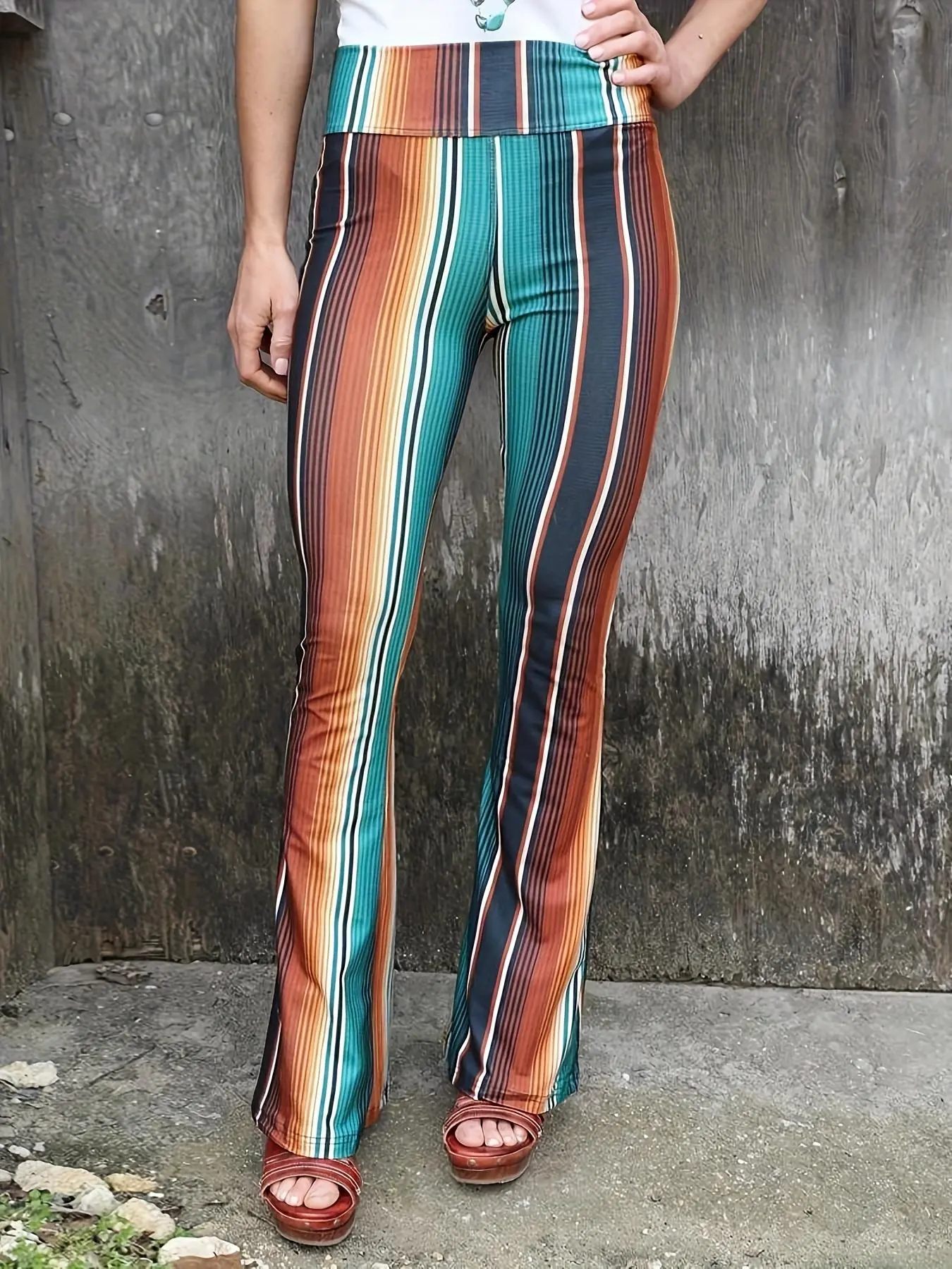 Women's Striped Print Flare Leg Pants, Casual Comfy Bell Bottom Trousers for Daily Wear, Ladies Bottoms for Summer