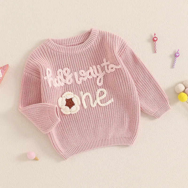 Baby Girl Sweaters Long Sleeve Round Neck Floral Letter Embroidery Knit Pullover Toddler Fall Tops