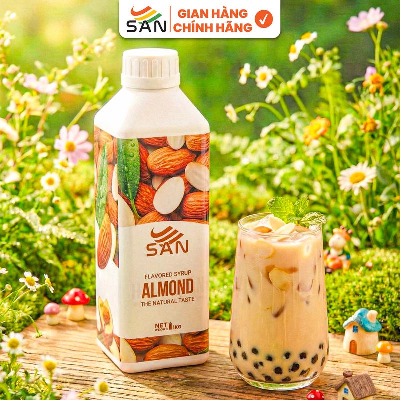 Syrup/siro HƯƠNG HẠNH NHÂN SAN FOOD Chai 1Kg, đậm đà, có chai chiết 100ml, tặng công thức, pha cà phê, latte, trà sữa, làm bánh