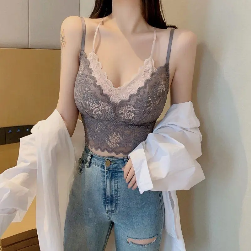 [Ms Queena]Korean Style Lace Beautiful Back Underwear Push up without Steel Ring Sexy Bra All-Matching Tank Top Womenswear Buckle Check Clothing Panty Tube Comfort Fashion Nylon Basic