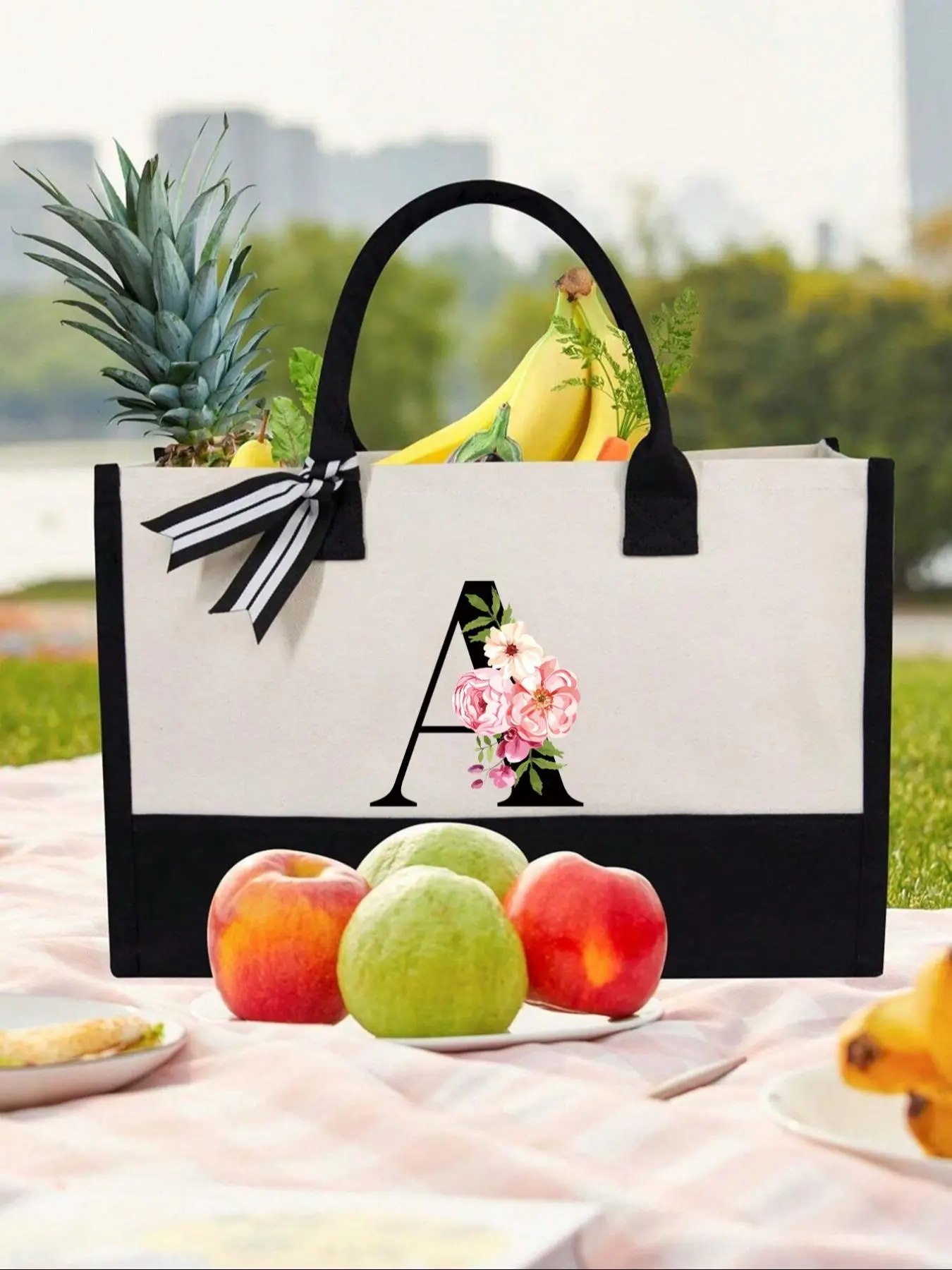 Letter Pattern Tote Bag, Large Capacity Canvas Shopping Bag for Women, Casual Trendy Versatile High-quality Daily Commuting Bag, Girl Fashionable Shopping Bag