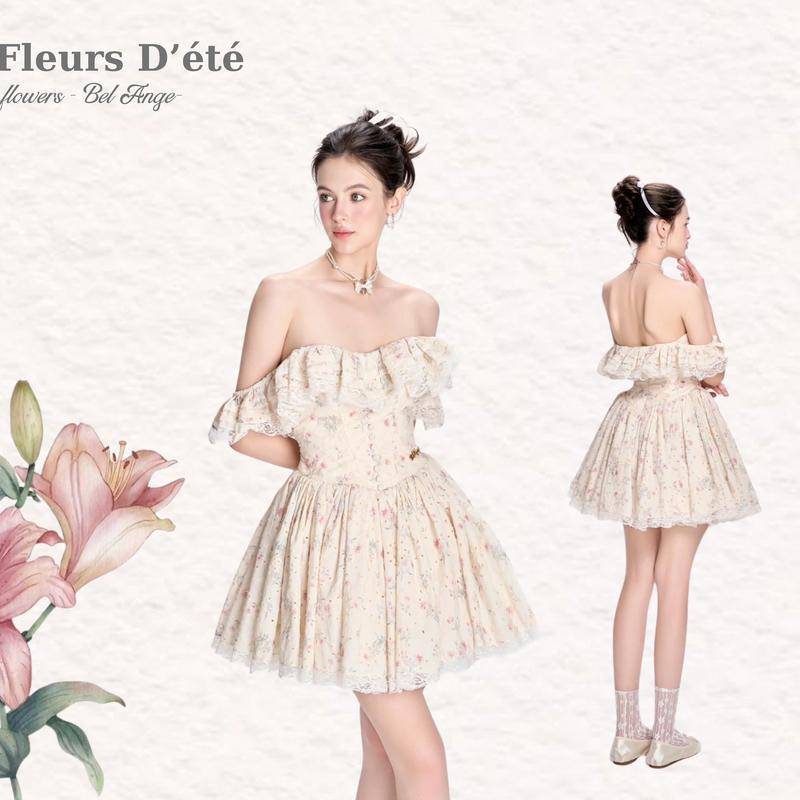 Bel Ange - Đầm hoa nhí bẹt vai phối ren Miranda Mini Dress