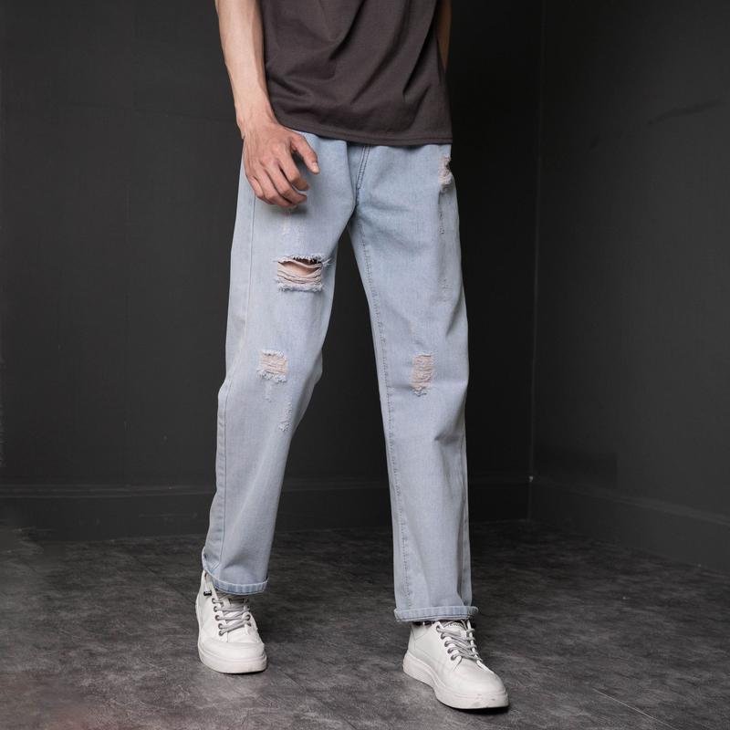 Quần jean ống suông nam rách gối màu xanh trắng nhạt chất bò mài xước đùi đẹp 090