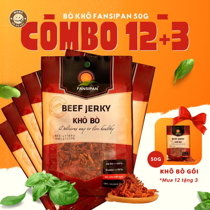 Combo 12 Tặng 3 Gói Khô Bò Sợi Fansipan 50gram Ăn Vặt Thơm Ngon Cay Ngọt Đậm Vị
