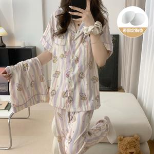 Set Piyama Musim Bunga / Musim Panas, 3 Keping Wanita, Bra Terbina Dalam, Diperbuat daripada Kapas Sentuhan Awan, Selesa, Rekaan Bunga Manis, Sesuai untuk Ruang Rehat dan Pakaian Tidur Rumah Selesa