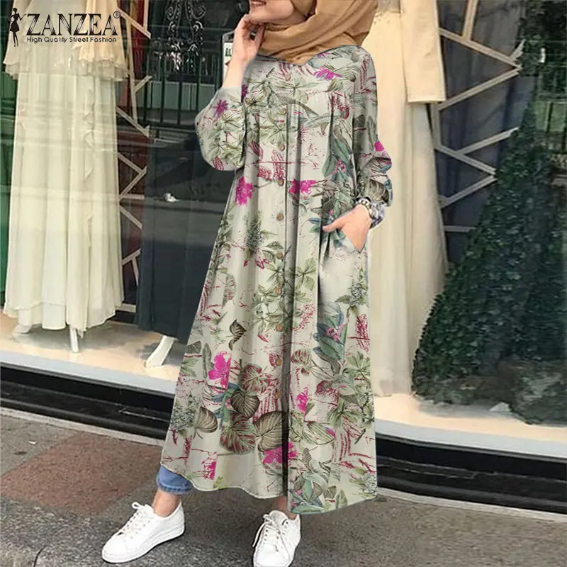 SS24 Womens Muslim Long Sleeve Floral Print Cocktail Party Dress Kaftan Baggy Dresses2023