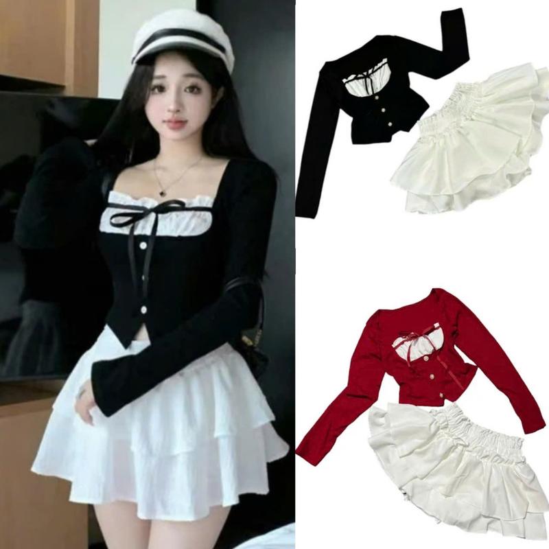  Sét áo tay dài phối màu chất Gân Tăm + chân váy quần bí 2 tầng bo chun chất Tuyết Mưa Size dưới 55kg Nữ Top Women 