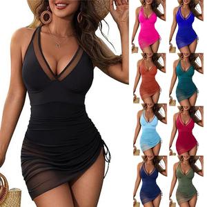 Gaun Renang, Angka Menyanjung, Gaya Skirt Sederhana, dengan Tali Serut Jaringan, Penutup Bikini