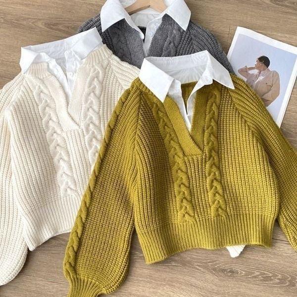 Áo Len Giả Hai Mảnh, Quần Áo Nữ Mùa Thu Và Mùa Đông, Phong Cách Nhật Bản, Thoải Mái, Cổ Điển Thiết Kế Đẹp, Cổ Polo Độc Đáo Áo Len Dệt Kim Dây Cáp