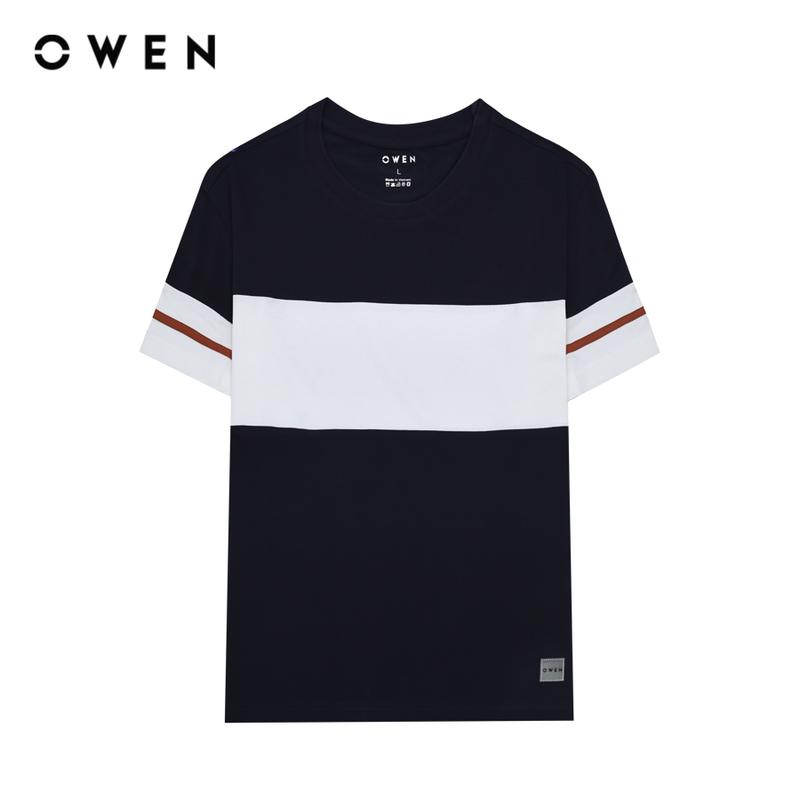 OWEN - Áo T- Nam Ngắn tay Cổ tròn Body Fit TSN231456 màu Navy trắng chất liệu CVC Spandex Hoạ tiết Pha phối Menswear