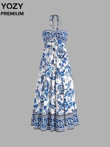 YOZY Women's All Over Print Shirred Tie Back Halter Dress, Boho Fashion A Line Dress for Beach Holiday Vacation, Ladies Dress for All Seasons