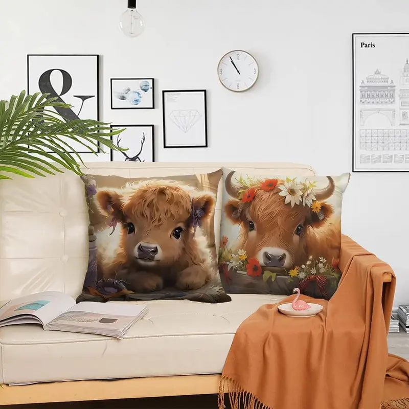 Highland Cow Pattern Cushion Cover, 4 Counts/set Square Throw Pillow Cover, Household Decoration Supplies for Home Living Room Bedroom 3
