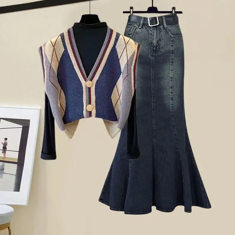 Autumn Suit Women's 2023 New plus Size Women's Fashion Rhombus Vest All-Match Bottoming Shirt Fishtail Skirt Three-Piece Set🎈0921