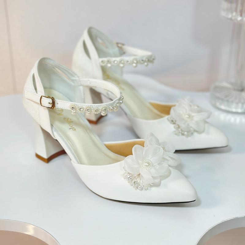 Giày Cao Gót Bít Mũi Đế Trụ Cao 8 Phân Có Quai Cài Đính Hạt Châu Nữ DéP Shoes Women