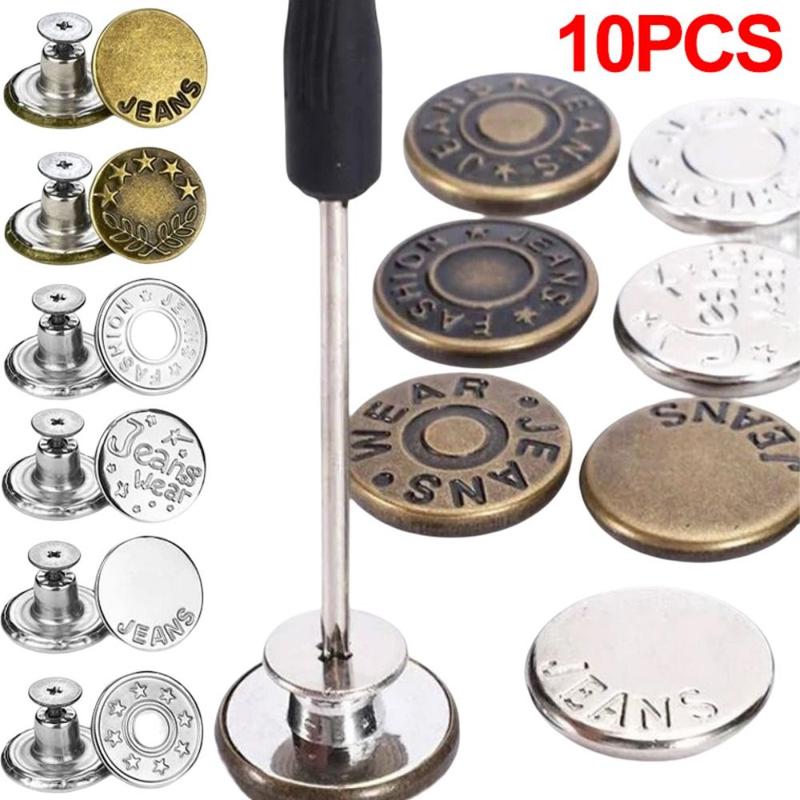 Product Introduction of 10Pcs/pack Nail Free Jeans Buttons Adjustable With Screwdriver Sewing Accessories Waist Buckle Clothing Pants 17mm Waist Extenders Button for Jeans 12