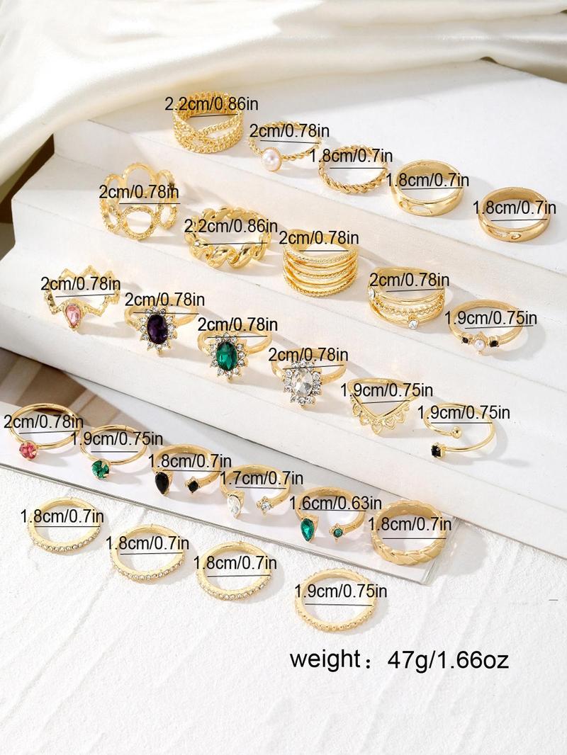 Product Introduction of Boho Style Hollow Out Design Ring Set, Fashion Artificial Gemstone & Faux Pearl Decorated Ring for Women & Girls, Trendy All-match & Exquisite Jewelry for Birthday Gift 1