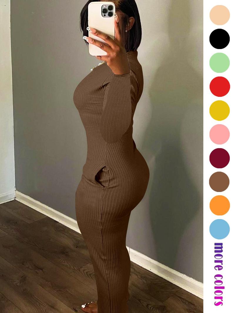 Product Introduction of Women's Solid Pocket Long Sleeve Bodycon Dress, Elegant Round Neck Dress for Party Holiday Wedding Guest, Ladies Fall & Winter Clothes, 2025 Trend, Spring & Fall Clothing, Going Out Dresses 9