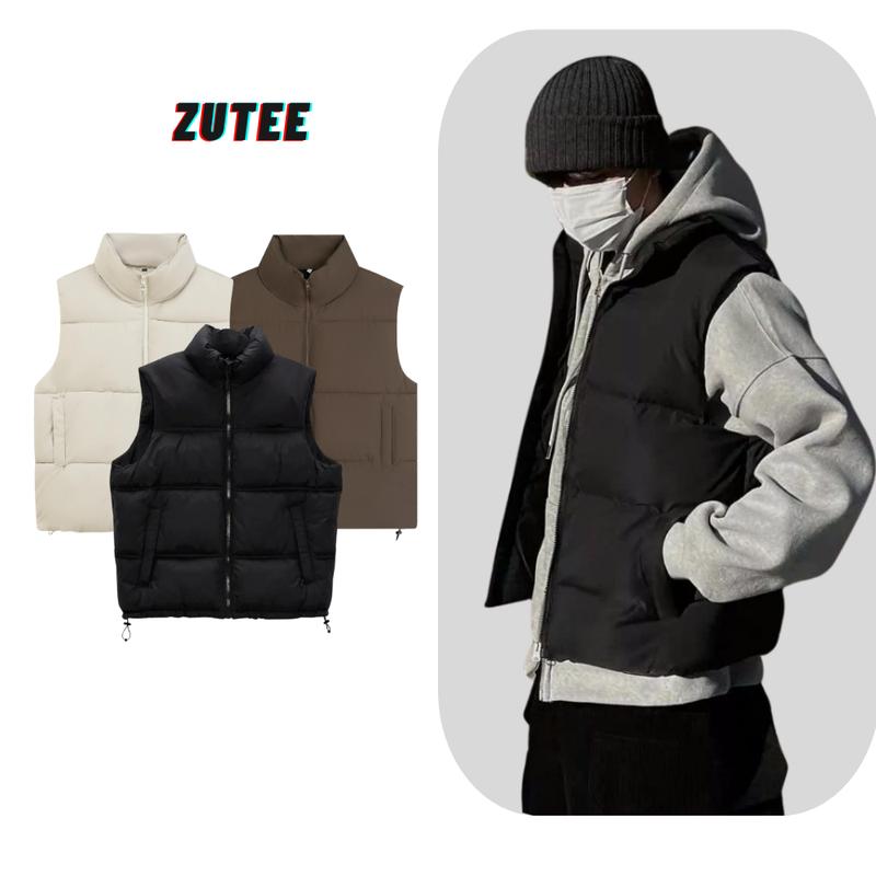 Áo phao gile nam nữ có túi sườn form rộng ZUTEE, Áo khoác phao cổ cao Menswear Đen