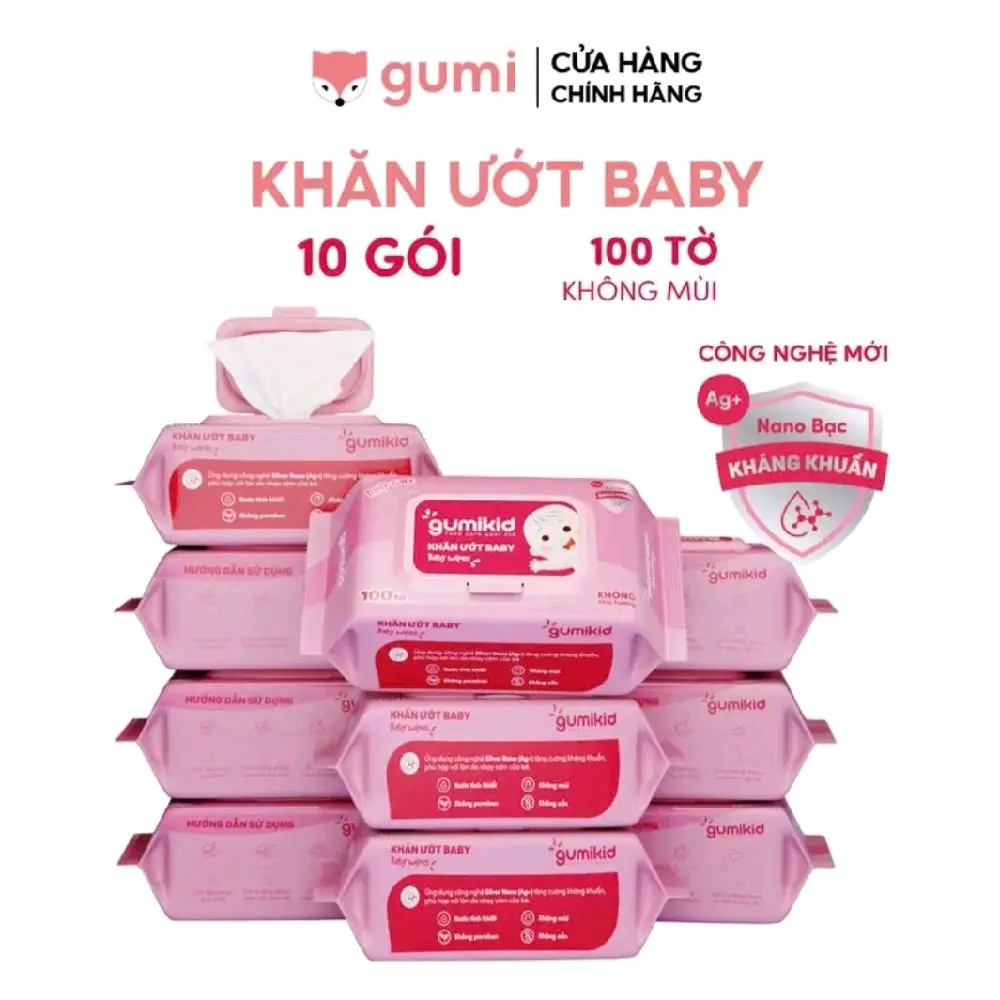 Thùng 10 gói khăn ướt Gumi KID dành cho bé, Không cồn, không paraben cao cấp dành cho bé Làm Sạch Voi