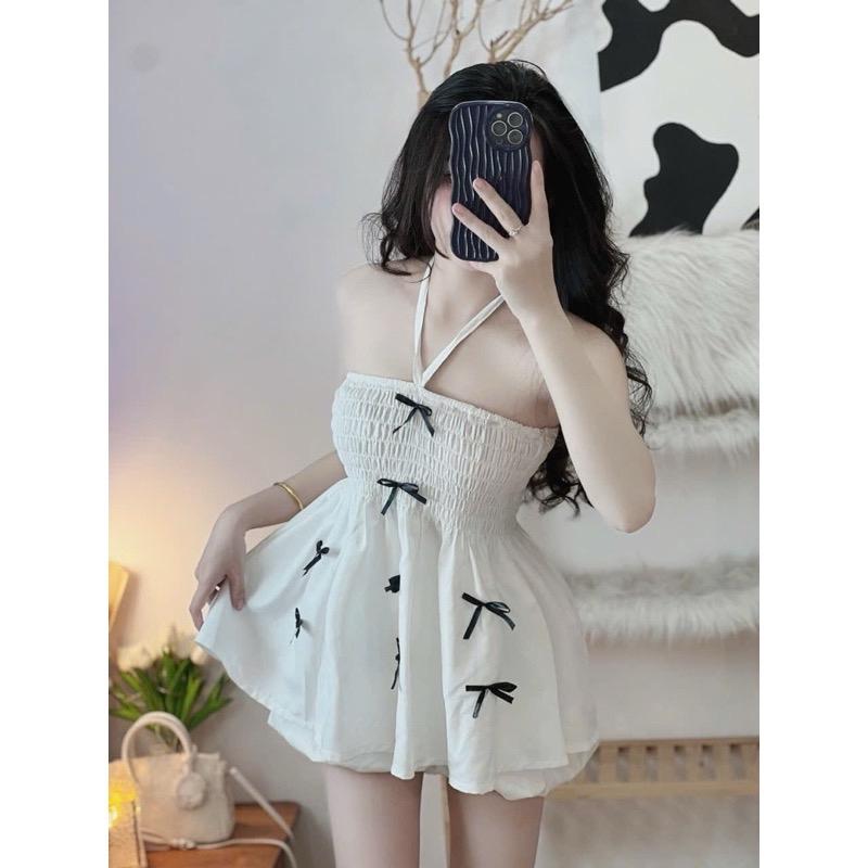 Set áo yếm nhún xoè đính nơ quần short bí Nữ Women Top 5