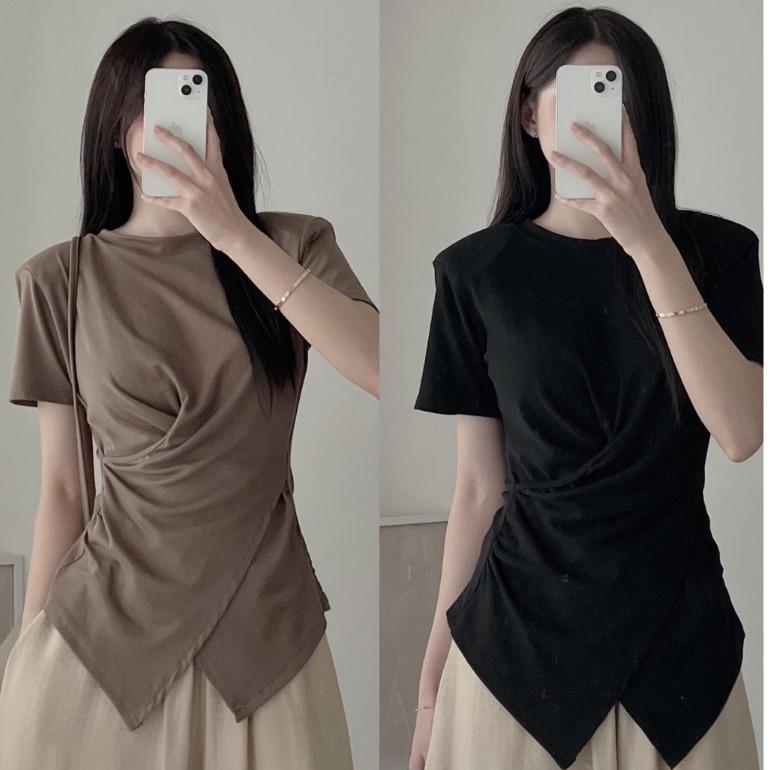 Áo thun vạt chéo cổ tròn ngắn tay áo kiểu nữ thiết kế siêu cá tính Loan Định Chuyên Sỉ Lẻ LD075