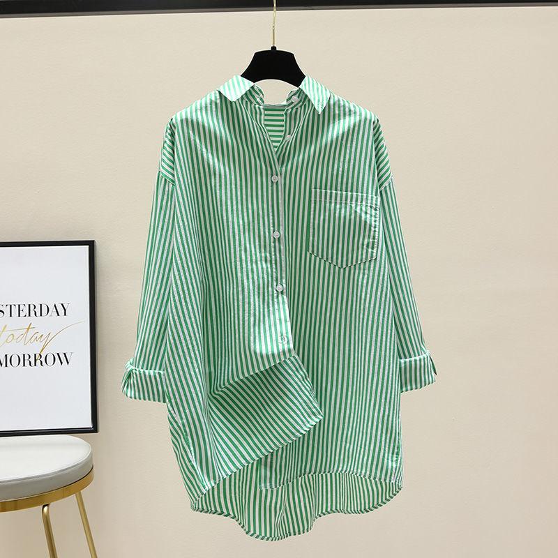 Product Introduction of Striped Printed Long Sleeves Shirt for Women 2024 Autumn New Korean Style Loose-Fitting Simplicity Mid-Length Cardigan Shirt High-End 13