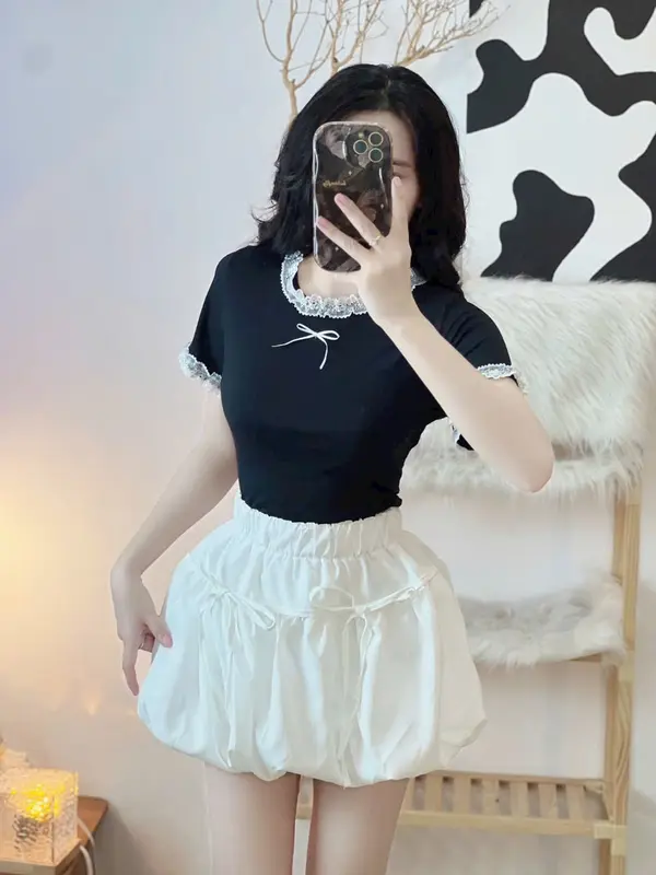 Áo thun nữ cổ vuông , cổ và tay viền ren đính nơ giữa dễ thương 5